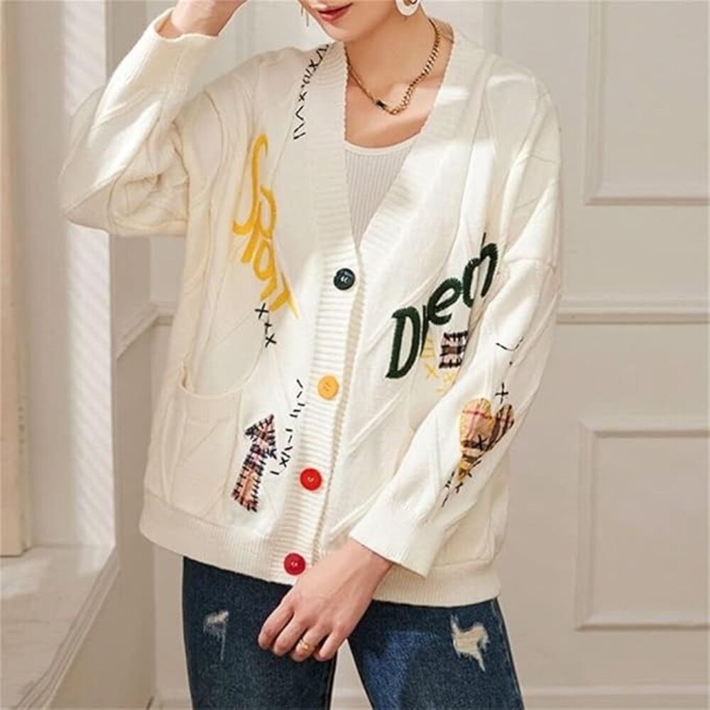 Ebossy Cable Knit Cardigan Dream Sport Patchwork Embroidered White Sweater XL
